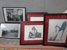 Five framed and glazed prints studies of fantastical shoes together with six framed and glazed