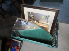 A tray of assorted pictures, prints and a mirror