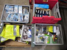 Four containers of miscellaneous to include hi-vis jackets, car clear and boxed digital desk buddies