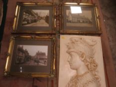 A ceramic profile plaque of a Roman together with three gilt framed photographs of Brewood