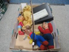 A tray of vintage dolls and bears to include a Noddy example