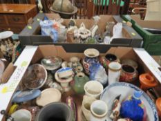 Two trays of assorted ceramics etc to include Prattware style lids