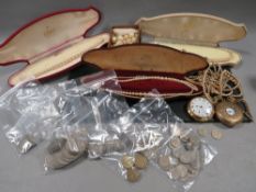 A tray of collectable to include pocket watches, coins etc