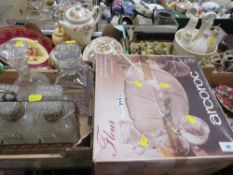 Four small trays of ceramics and glass to include Aynsley Orchard Gold, novelty dragon figures etc