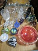 A tray of assorted glassware to include Caithness, elephant and lustre examples of paperweights,