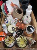 A tray of assorted vintage, modern and retro ceramics to include Crown Devon and Staffordshire style