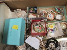 A box of costume jewellery to include watches
