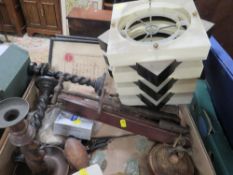 A tray of collectables to include retro light shade, barley twist candle sticks etc