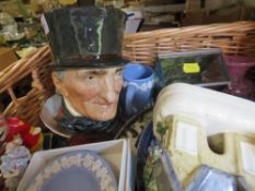 A basket of china, to include a Staffordshire Pottery lidded Toby jug and cottage pastille burner