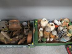 Two trays of metal ware and ceramics to include a copper kettle and beer steins