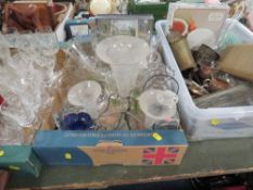 Three trays of assorted glass and metal ware to include an epergne, cased carving set etc