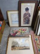 Two watercolours, an oil on canvas still life, and a print (4)