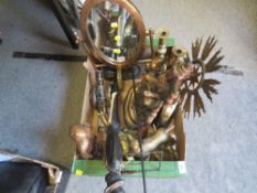 A tray of assorted vintage and modern metal ware etc to include a stick stand