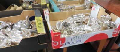 Two trays of silver plated tableware, novelty items etc together with a 3 branch candelabra