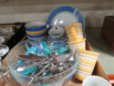 A tray of modern tea/dinner ware etc to include cutlery