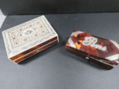 A silver mounted tortoise shell pins box A/F together with another