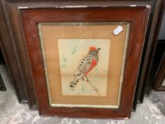 A pair of antique oak framed portrait prints together with a girl on the beach print and a silk work