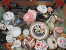 A small tray of collectables to include Raffles spoon, pin cushion dolls, sugar tongs, Worcester pin