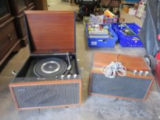 A Hacker GP45 Grenadier portable record player with a Hacker SA45 amplifier speaker A/F