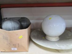 Two vintage metal lantern style casings, dome glass light fitting, large circular glass up