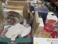 Two trays of ceramics and glass to include collectors plates together with a brass jam pan