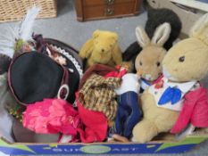 A tray of collectable bears, soft toys, hats and accessories