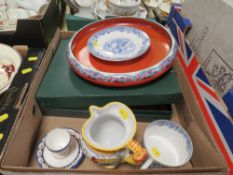 A tray of assorted ceramics and glass to include boxed Webb crystal glasses
