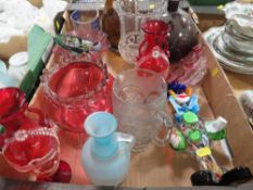 A tray of assorted glassware etc. to include a pair of vases with hand-painted Venetian scenes,