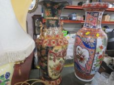Two large modern Oriental style vases together with two table lamps