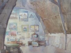A FRAMED AND GLAZED WATERCOLOUR OF AN INTERIOR SCENE BY S.T.C.WEEKS, SIGNED LOWER RIGHT