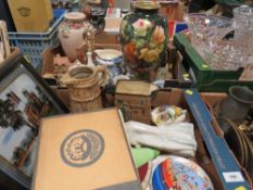 Two trays of assorted ceramics to include a large Royal Bonn vase, Wedgwood jasper ware etc together