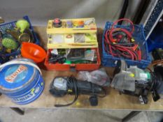 A quantity of items to include tool box and contents, camping stoves, bench grinder and disc