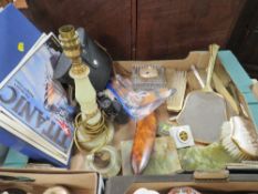 A tray of collectables to include binoculars, dressing table set etc