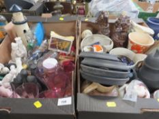 Two trays of assorted ceramics to include antique tea pots, ceramic chess pieces etc