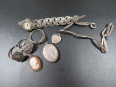 A silver marcasite bracelet, rings, watch etc