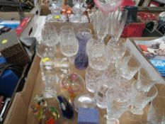 A tray of assorted glass and crystal to include decanters