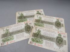 Four Warren Fisher treasurer 10 shilling notes pre-fixes W54, W62 X 2, W77