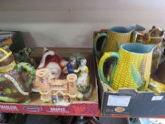 Two trays of modern reproduction Majolica and Staffordshire style ceramics to include novelty bear