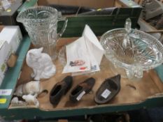 A pair of antique model boots (in cabinet) together with a tray of ceramics and glass