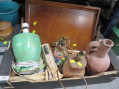 A vintage twin handled oak serving tray, pair of ceramic vases and a fruit set, lamps etc