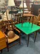 A vintage card table together with an oak armchair, Edwardian chair and brass warming pan (4)