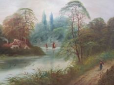 Indistinctly signed and framed early 20th century oil on board wooded river landscape with