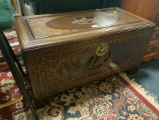 A carved eastern hardwood coffer W 94 cm