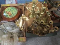 Three trays of metal ware and ceramics etc to include copper pans, brass candlesticks, collectable