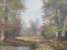 T.Gaiermann unframed, signed, oil on canvas 20th century impressionist wooded river landscape