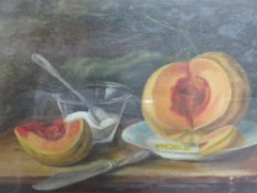 An oil on board still life study of fruit etc on a table