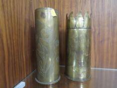 Two brass trench art vases, one engraved with the Royal Engineers crest