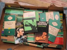 Two boxes of green Penguin paperback crime fiction books, mostly 1960s and 1970s