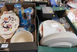 Two trays of ceramics and glassware to include a Masons Mandalay comport, jug and planter, Picardy