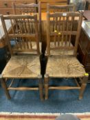 A near set of oak spindle back rush seat chairs A/F